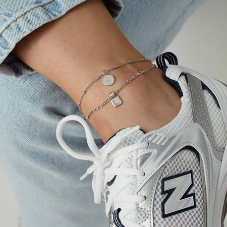 Initial Square Charm Figaro Chain Anklet Silver